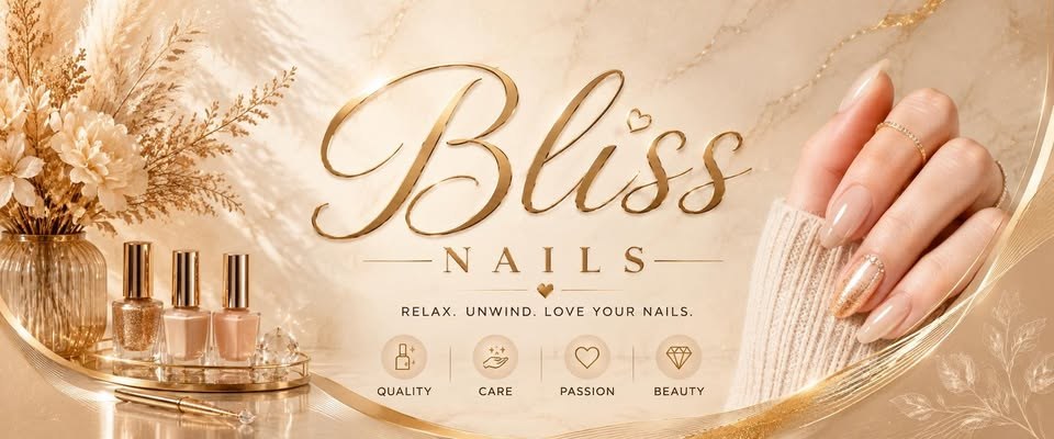 Bliss Nails cover artwork with soft gold nail salon branding